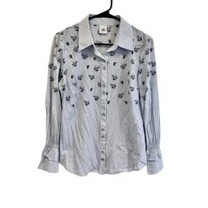 CAbi #5368 Whitney Floral Blue Stripe Button Down Shirt Womens Size Small
